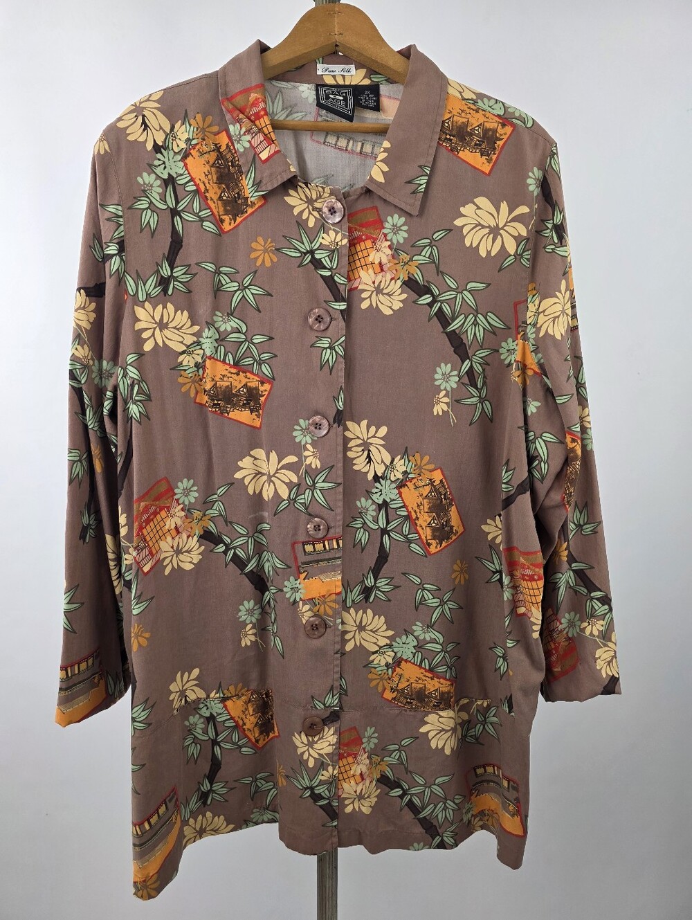 Vintage Pure Silk Women's Asian Inspired Novelty Print Button Up Blouse 2XL